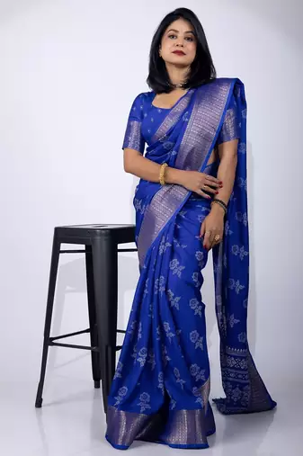Women's blue floral print cotton silk blend saree with unstitched piece