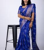 Women's blue floral print cotton silk blend saree with unstitched piece