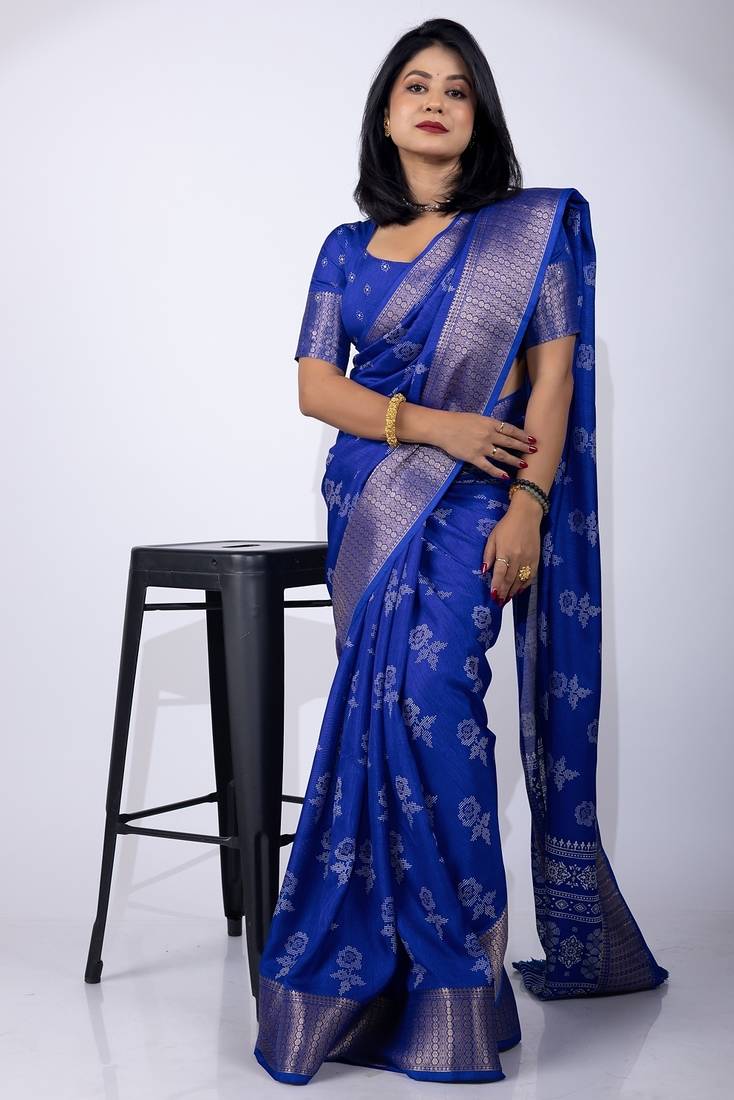 Women's blue floral print cotton silk blend saree with unstitched piece