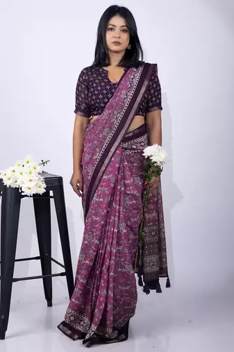 Women's purple floral print viscose cotton saree with unstitched piece