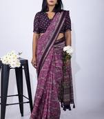 Women's purple floral print viscose cotton saree with unstitched piece