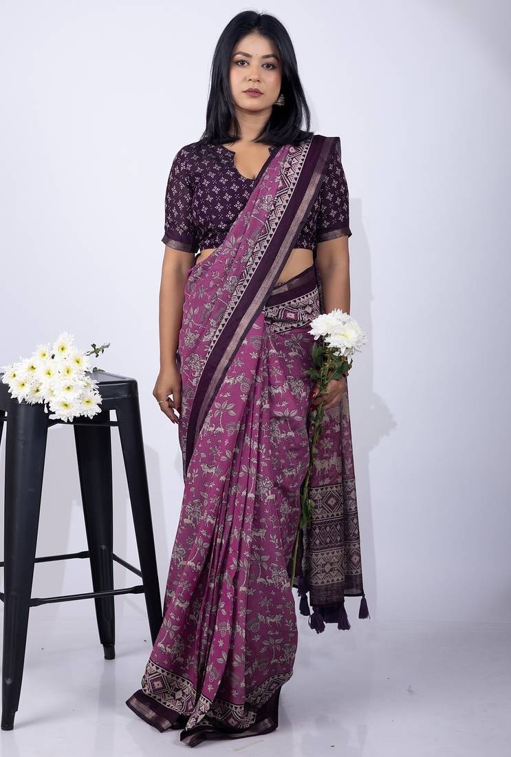 Women's purple floral print viscose cotton saree with unstitched piece