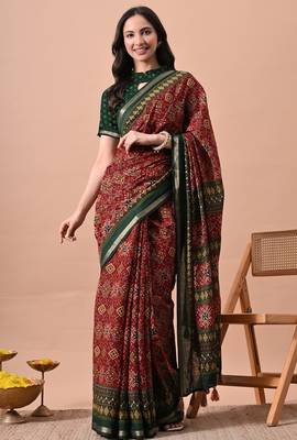 Women's red patola viscose cotton saree with unstitched piece 1