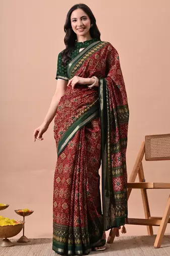 Women's red patola viscose cotton saree with unstitched piece