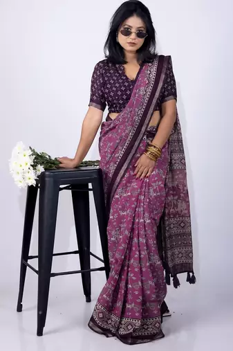 Women's purple floral print viscose cotton saree with unstitched piece
