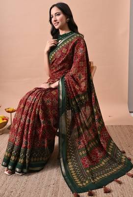 Women's red patola viscose cotton saree with unstitched piece 2