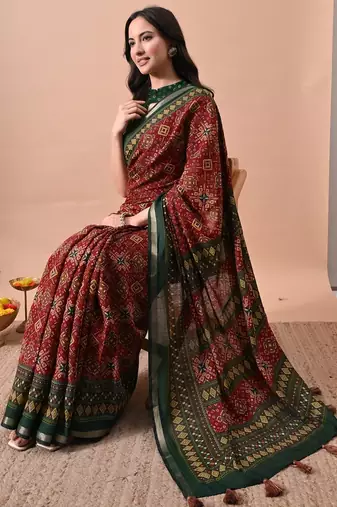 Women's red patola viscose cotton saree with unstitched piece