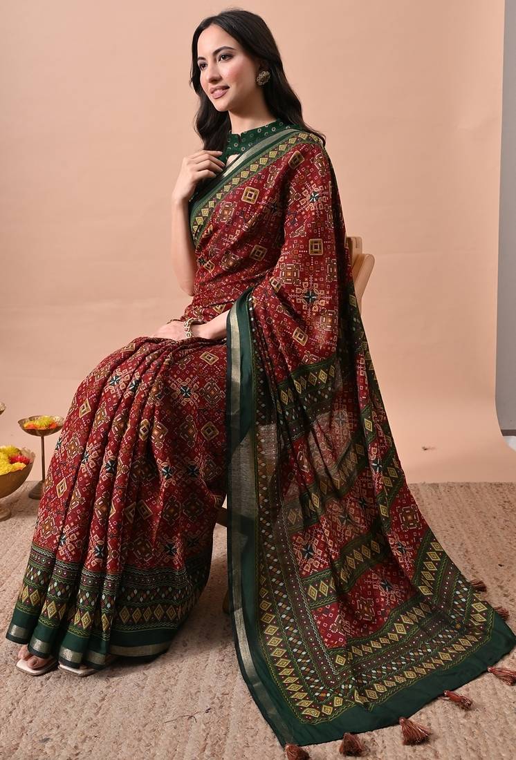 Women's red patola viscose cotton saree with unstitched piece