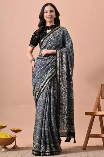 Women's blue floral print viscose cotton saree with unstitched piece