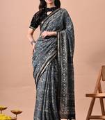 Women's blue floral print viscose cotton saree with unstitched piece