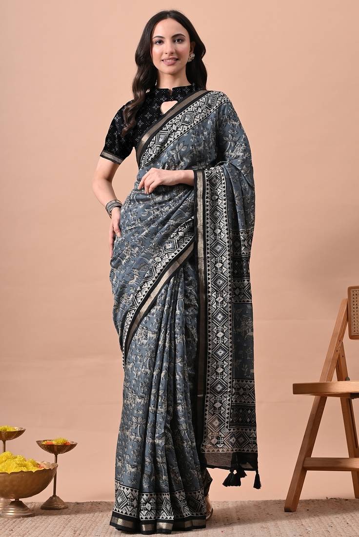 Women's blue floral print viscose cotton saree with unstitched piece