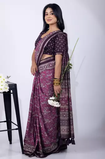 Women's purple floral print viscose cotton saree with unstitched piece