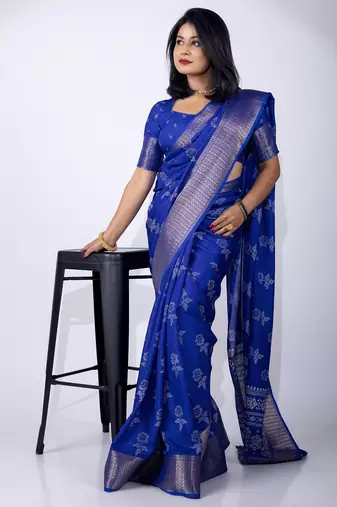 Women's blue floral print cotton silk blend saree with unstitched piece