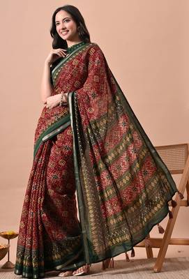 Women's red patola viscose cotton saree with unstitched piece 3