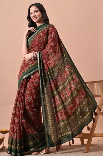 Women's red patola viscose cotton saree with unstitched piece