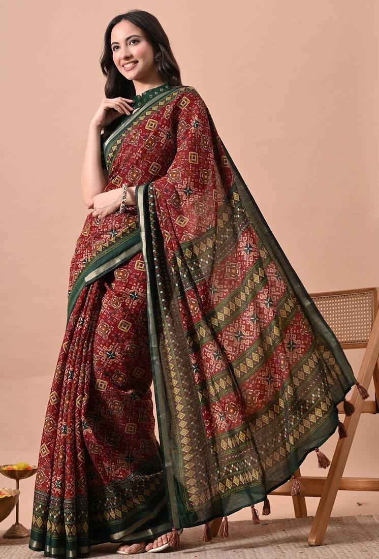 Women's red patola viscose cotton saree with unstitched piece
