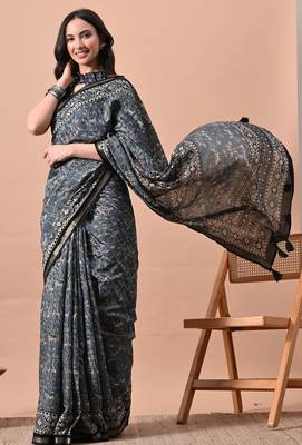 Women's blue floral print viscose cotton saree with unstitched piece 2