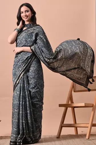 Women's blue floral print viscose cotton saree with unstitched piece