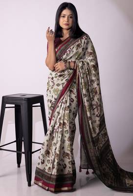 Women's grey floral print viscose cotton saree with unstitched piece 1