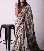 Women's grey floral print viscose cotton saree with unstitched piece