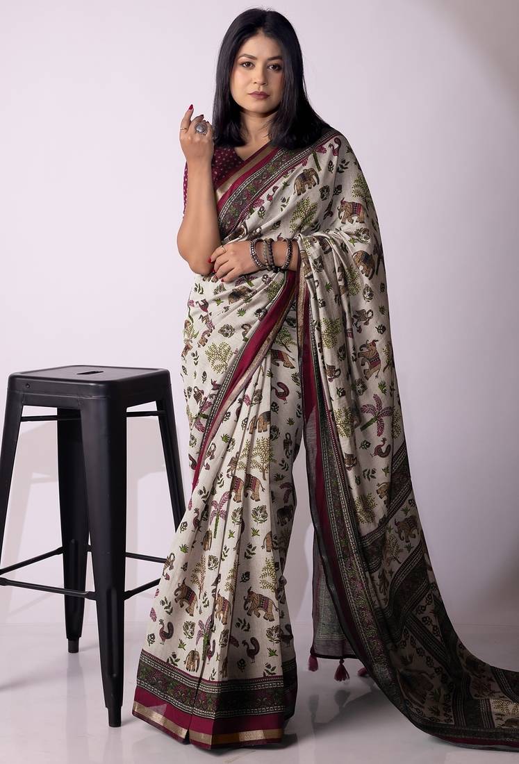 Women's grey floral print viscose cotton saree with unstitched piece