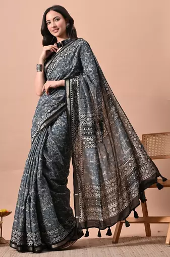 Women's blue floral print viscose cotton saree with unstitched piece