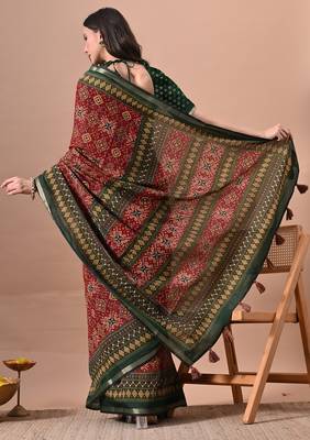 Women's red patola viscose cotton saree with unstitched piece 4