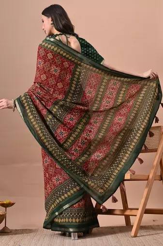 Women's red patola viscose cotton saree with unstitched piece