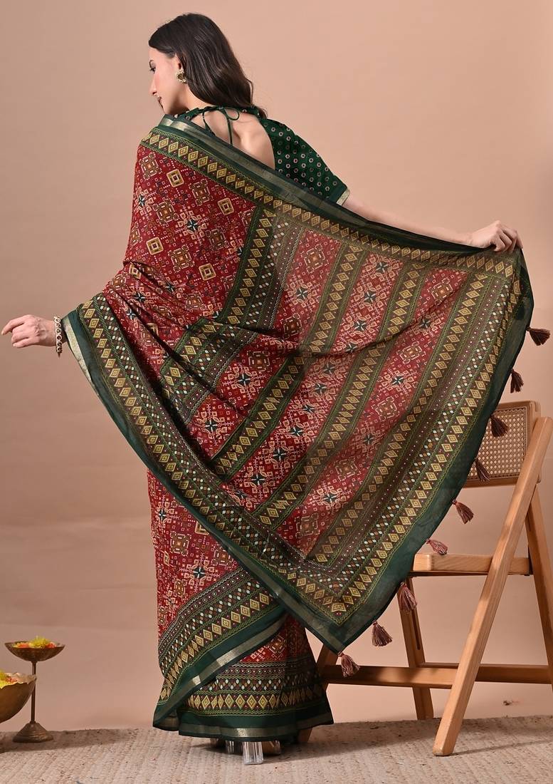 Women's red patola viscose cotton saree with unstitched piece