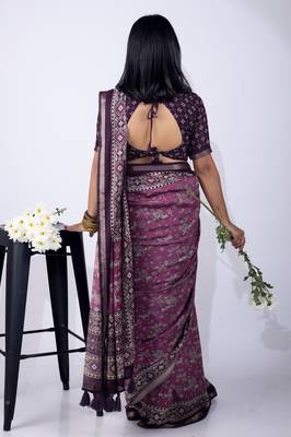 Women's purple floral print viscose cotton saree with unstitched piece 4