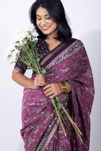 Women's purple floral print viscose cotton saree with unstitched piece