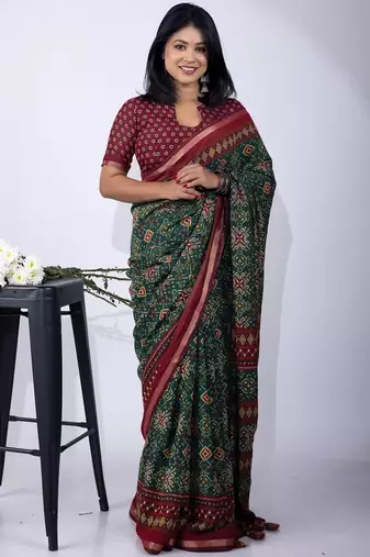 women's green patola viscose saree with unstitched piece