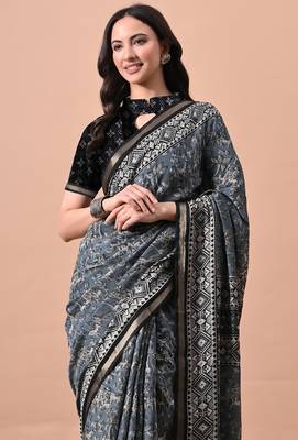 Women's blue floral print viscose cotton saree with unstitched piece 5
