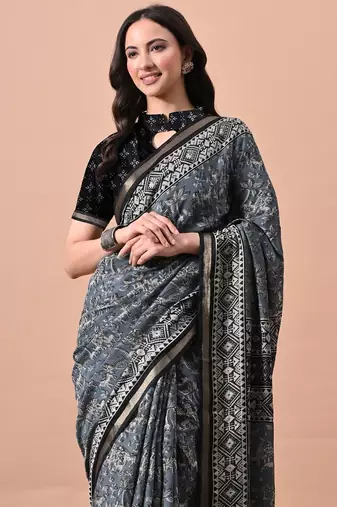 Women's blue floral print viscose cotton saree with unstitched piece