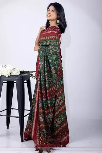 women's green patola viscose saree with unstitched piece
