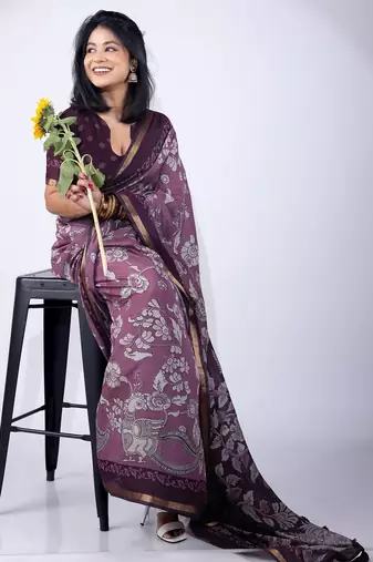 Women's purple floral print viscose cotton saree with unstitched piece