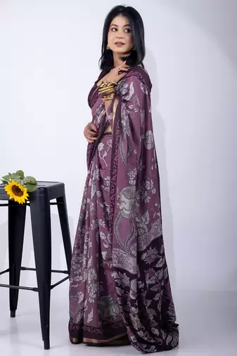 Women's purple floral print viscose cotton saree with unstitched piece
