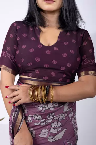 Women's purple floral print viscose cotton saree with unstitched piece