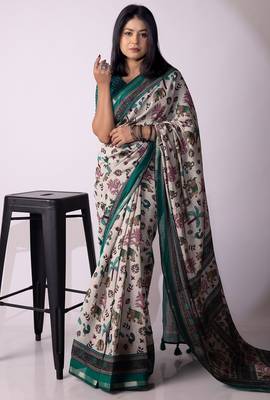 Women's grey floral print viscose cotton saree with unstitched piece 1