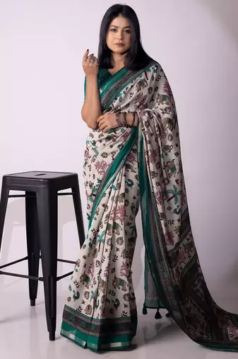 Women's grey floral print viscose cotton saree with unstitched piece