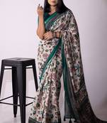 Women's grey floral print viscose cotton saree with unstitched piece