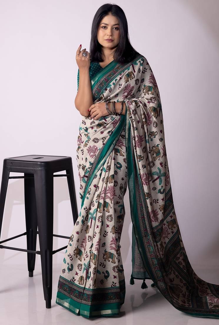 Women's grey floral print viscose cotton saree with unstitched piece