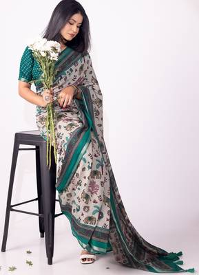 Women's grey floral print viscose cotton saree with unstitched piece 2
