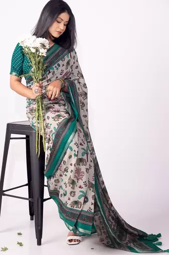Women's grey floral print viscose cotton saree with unstitched piece