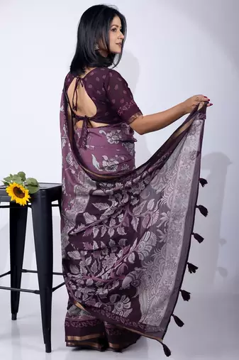 Women's purple floral print viscose cotton saree with unstitched piece