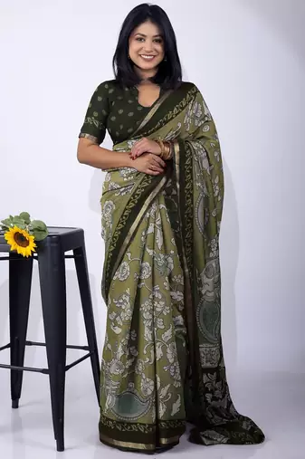 Women's green floral print viscose cotton saree with unstitched piece