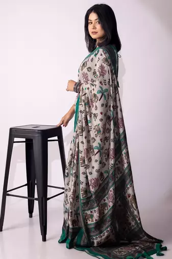 Women's grey floral print viscose cotton saree with unstitched piece