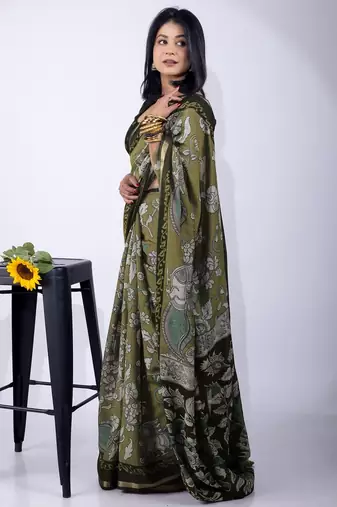 Women's green floral print viscose cotton saree with unstitched piece