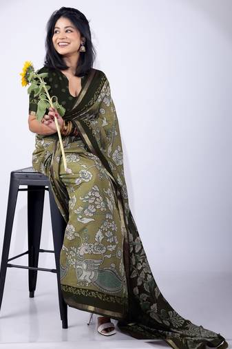 Women's green floral print viscose cotton saree with unstitched piece