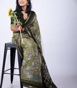 Women's green floral print viscose cotton saree with unstitched piece